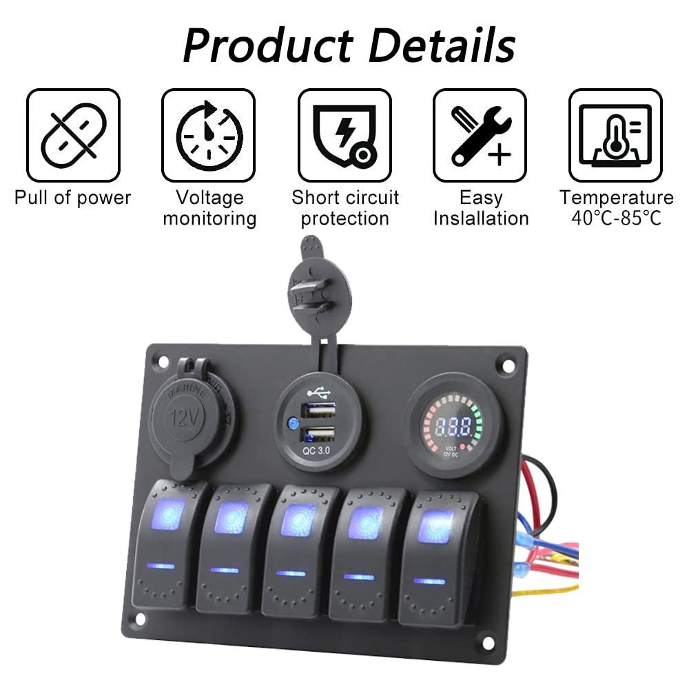 Garfour Marine Waterproof Boat Switch Panel | 12V Voltmeter, USB-C/QC3.0, Cigarette Lighter, 4 Rocker Switches (IP65)