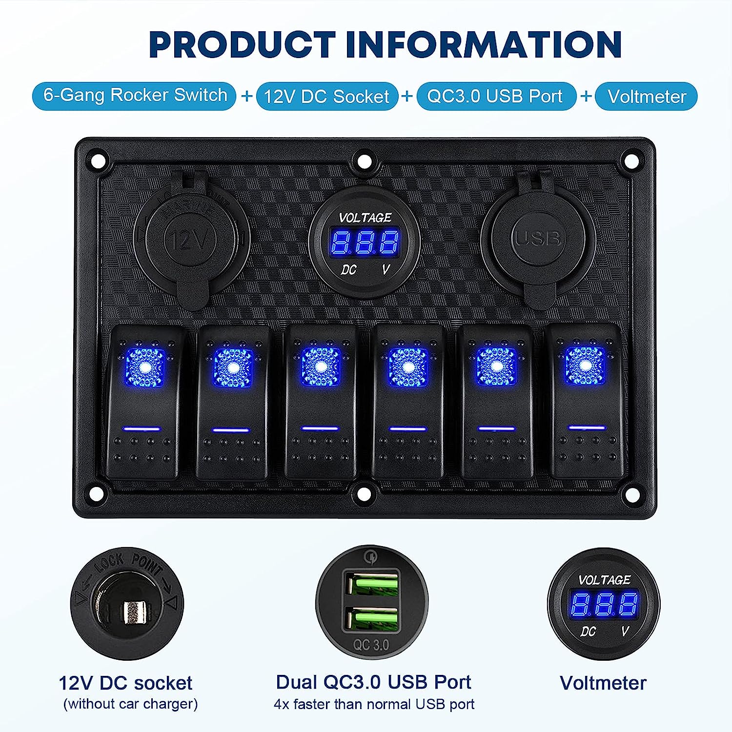 thumbnail interactive-video image 1 of FXC Customizable 2-6 Gang LED Toggle Rocker Switch Panel 12V For Marine Boat Car 1 of 5