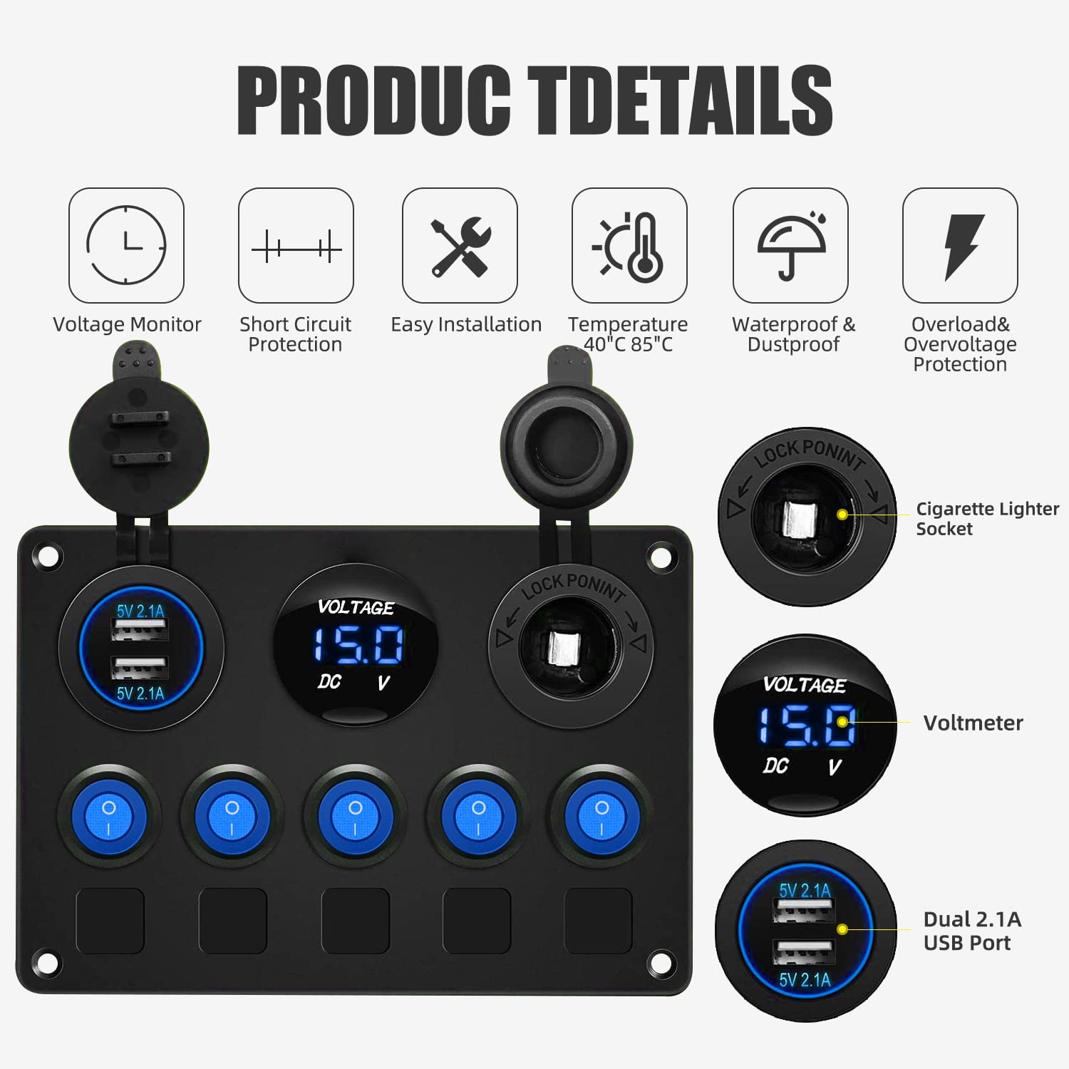 Pannello Interruttori Impermeabile 4 Gang Per Nautica - USB E Voltmetro - 12-24V
